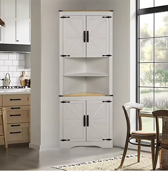 Hoge Hoekkast met Schuifdeur en Verstelbare Planken – Boerderij Opbergkast voor Badkamer en Woonkamer