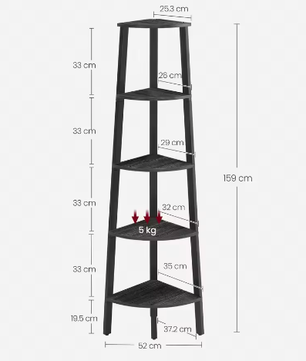 Hoekplank met 5 Niveaus en Stalen Frame – Staande Hoekboekenkast 159 cm