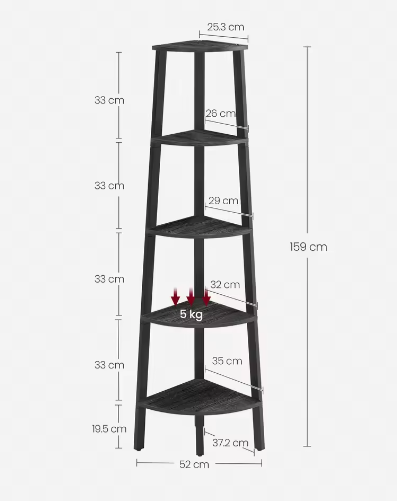 Hoekplank met 5 Niveaus en Stalen Frame – Staande Hoekboekenkast 159 cm