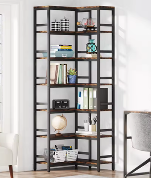 Hoge Industriële Hoekboekenkast met 7 Niveaus – Stalen Frame