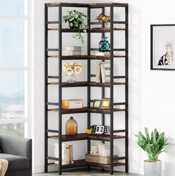 Hoge Industriële Hoekboekenkast met 7 Niveaus – Stalen Frame