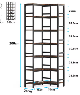Hoge Industriële Hoekboekenkast met 7 Niveaus – Stalen Frame