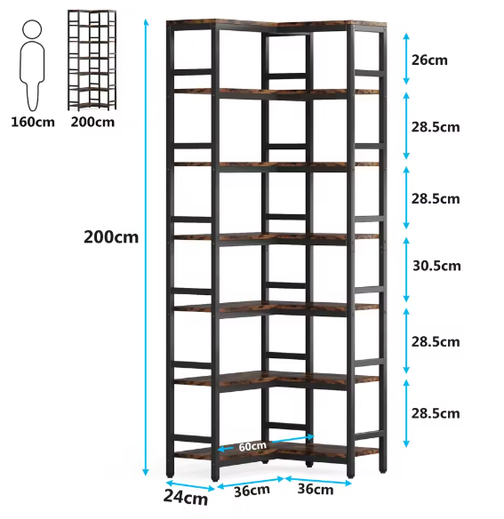 Hoge Industriële Hoekboekenkast met 7 Niveaus – Stalen Frame