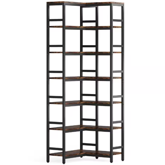 Hoge Industriële Hoekboekenkast met 7 Niveaus – Stalen Frame