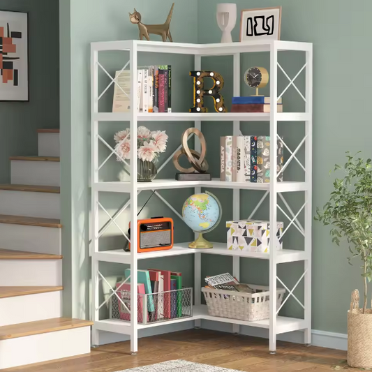 Industriële Hoekboekenkast met 5 Niveaus – Hoge Hoekplank met Metaal