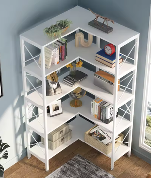 Industriële Hoekboekenkast met 5 Niveaus – Hoge Hoekplank met Metaal