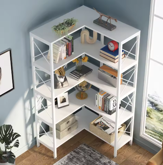 Industriële Hoekboekenkast met 5 Niveaus – Hoge Hoekplank met Metaal