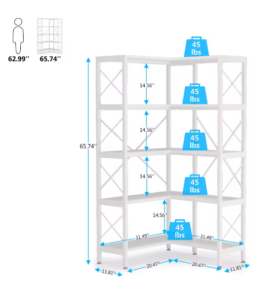 Industriële Hoekboekenkast met 5 Niveaus – Hoge Hoekplank met Metaal