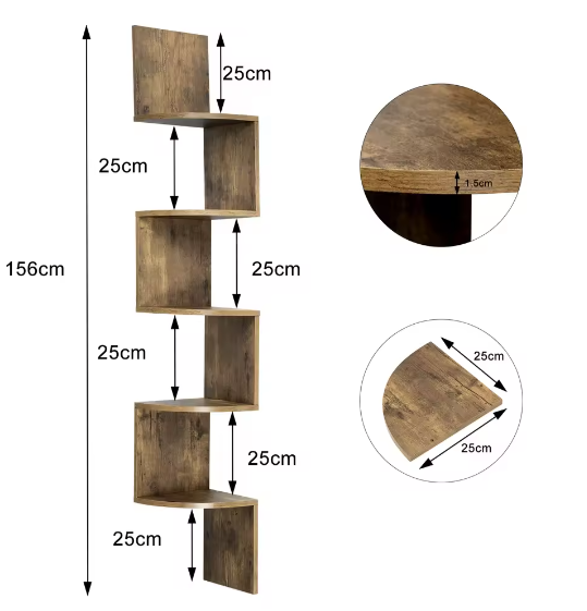 5-Laags Zigzag Hoekwandplank – Decoratieve Boekenkast