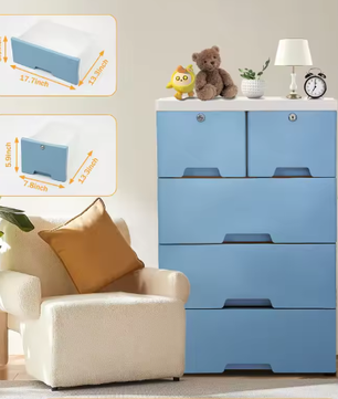 Moderne 6-Laden Ladekast – Wit en Blauw, PP Materiaal