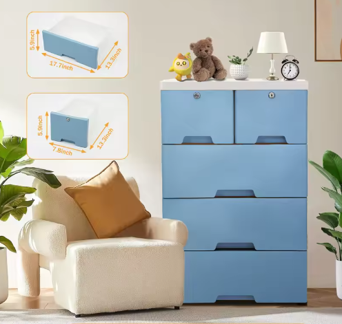 Moderne 6-Laden Ladekast – Wit en Blauw, PP Materiaal