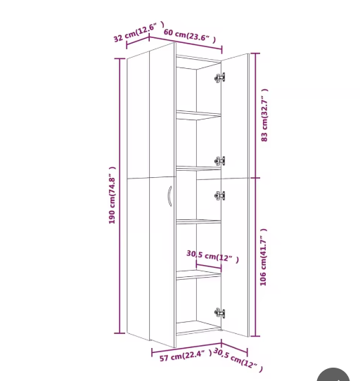 Kamerkast met Deuren – 5-Compartimenten Opberger voor Thuiskantoor, Gerookt Eiken, 60x32x190 cm