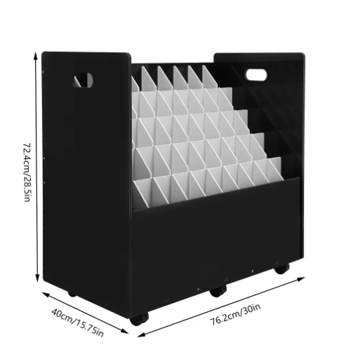 50-slot Roll File Organizer – Mobiele Bestandswagen met 6 Wielen, Zwart/Wit PVC
