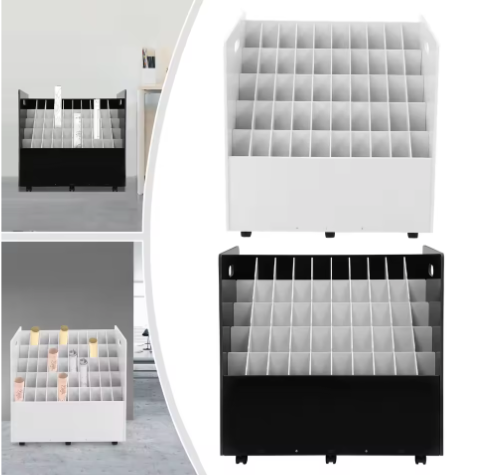 50-slot Roll File Organizer – Mobiele Bestandswagen met 6 Wielen, Zwart/Wit PVC