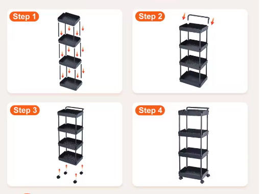 Verrijdbare opbergwagen met 4 niveaus en wielen