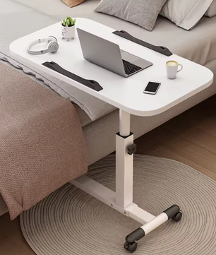 In Hoogte Verstelbare Bovenbedtafel op Wielen – Mobiele Laptoptafel met Kantelbaar Blad