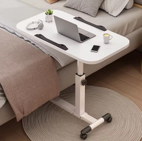 In Hoogte Verstelbare Bovenbedtafel op Wielen – Mobiele Laptoptafel met Kantelbaar Blad