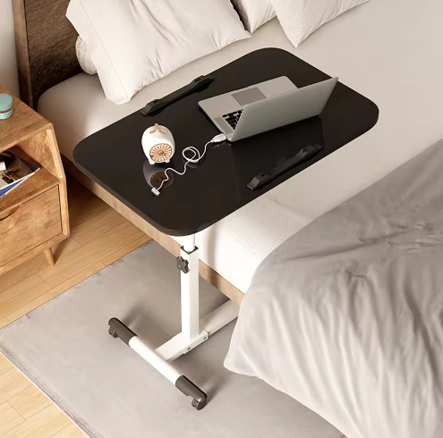 In Hoogte Verstelbare Bovenbedtafel op Wielen – Mobiele Laptoptafel met Kantelbaar Blad