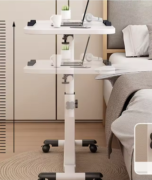 In Hoogte Verstelbare Bovenbedtafel op Wielen – Mobiele Laptoptafel met Kantelbaar Blad