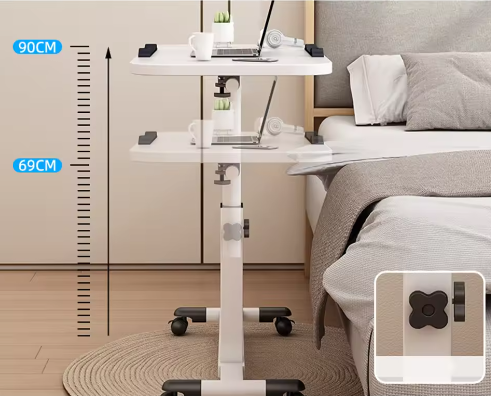 In Hoogte Verstelbare Bovenbedtafel op Wielen – Mobiele Laptoptafel met Kantelbaar Blad