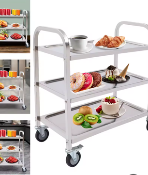 Roestvrijstalen Serveerwagen met 3 Lagen en 4 Zwenkwielen – Professionele Trolley voor Keuken en Horeca