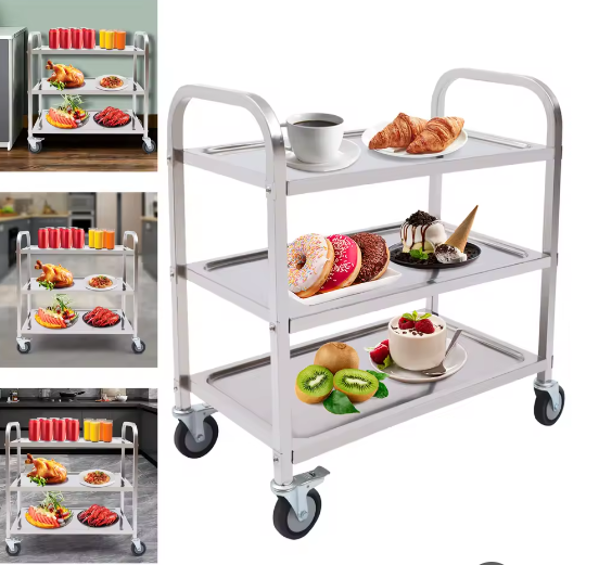 Roestvrijstalen Serveerwagen met 3 Lagen en 4 Zwenkwielen – Professionele Trolley voor Keuken en Horeca