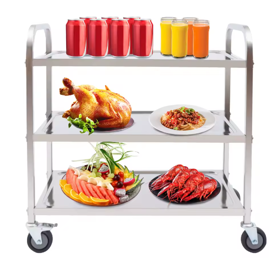 Roestvrijstalen Serveerwagen met 3 Lagen en 4 Zwenkwielen – Professionele Trolley voor Keuken en Horeca