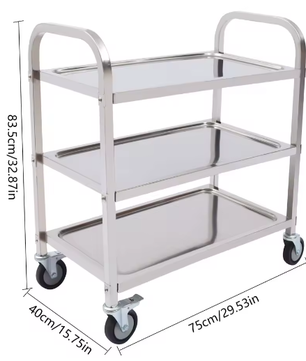 Roestvrijstalen Serveerwagen met 3 Lagen en 4 Zwenkwielen – Professionele Trolley voor Keuken en Horeca