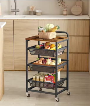 Serveerwagen met 4 Niveaus en 3 Uittrekbare Manden – Verrijdbare Keuken- en Opbergwagen op Wielen