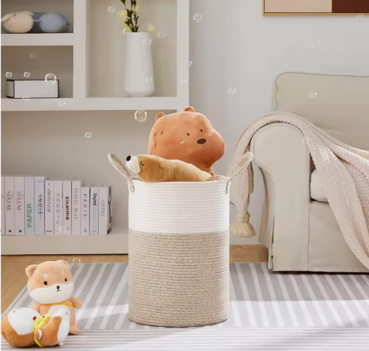 Grote Gevlochten Wasmand van Touw – Hoge Opbergmand voor Was, Dekens en Speelgoed