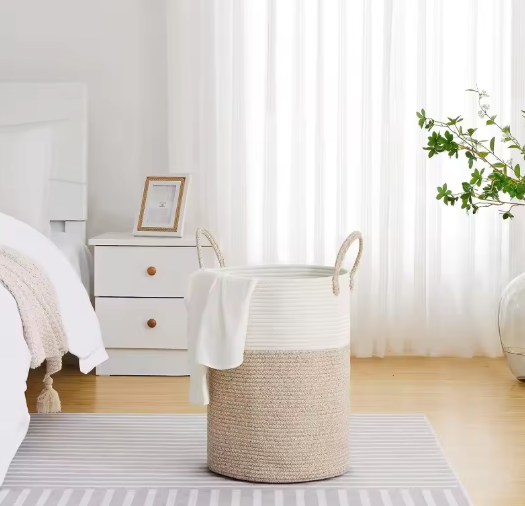 Grote Gevlochten Wasmand van Touw – Hoge Opbergmand voor Was, Dekens en Speelgoed