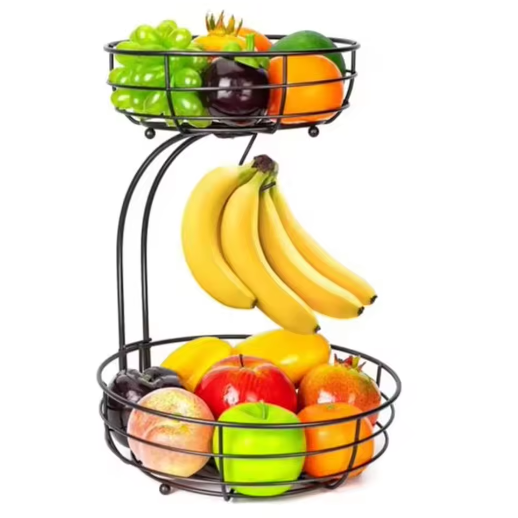 2-Laags Metalen Fruitmand met Bananenhanger – Luxe Fruitschaal en Groentehouder