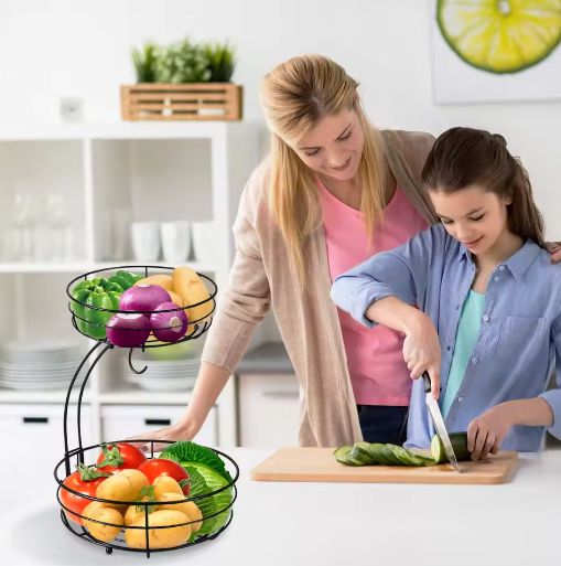 2-Laags Metalen Fruitmand met Bananenhanger – Luxe Fruitschaal en Groentehouder