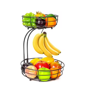 2-Laags Metalen Fruitmand met Bananenhanger – Luxe Fruitschaal en Groentehouder