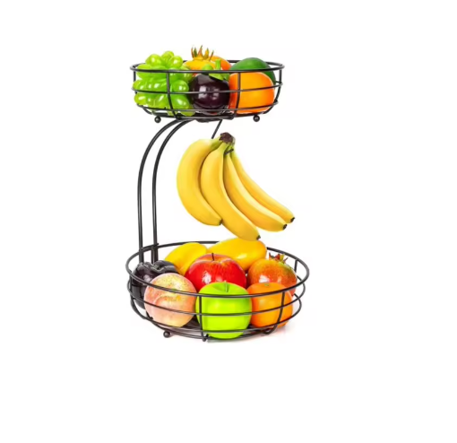 2-Laags Metalen Fruitmand met Bananenhanger – Luxe Fruitschaal en Groentehouder