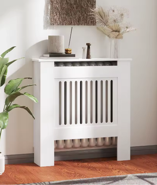 Moderne Witte Radiatorafdekking – MDF Kast met Horizontale Lamellen en Plank