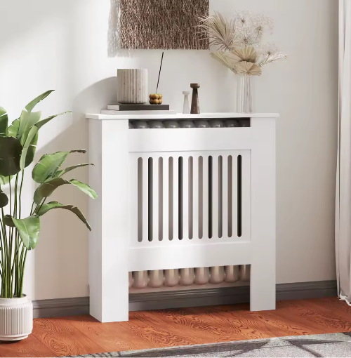 Moderne Witte Radiatorafdekking – MDF Kast met Horizontale Lamellen en Plank