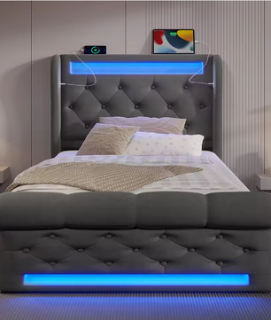 Modern Gestoffeerd Eenpersoonsbed 90x200 cm met LED, USB en Hydraulische Opbergruimte