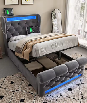 Modern Gestoffeerd Eenpersoonsbed 90x200 cm met LED, USB en Hydraulische Opbergruimte