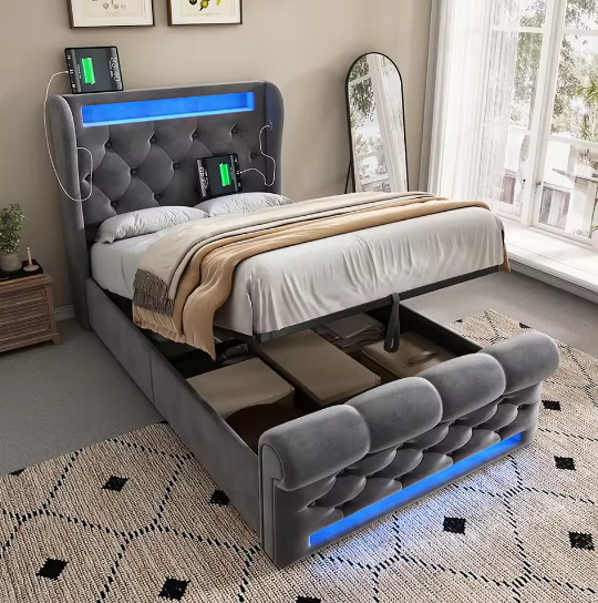 Modern Gestoffeerd Eenpersoonsbed 90x200 cm met LED, USB en Hydraulische Opbergruimte