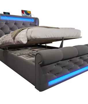 Modern Gestoffeerd Eenpersoonsbed 90x200 cm met LED, USB en Hydraulische Opbergruimte