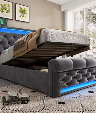 Modern Gestoffeerd Eenpersoonsbed 90x200 cm met LED, USB en Hydraulische Opbergruimte
