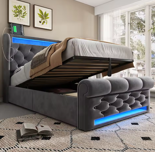 Modern Gestoffeerd Eenpersoonsbed 90x200 cm met LED, USB en Hydraulische Opbergruimte