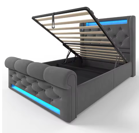 Modern Gestoffeerd Eenpersoonsbed 90x200 cm met LED, USB en Hydraulische Opbergruimte