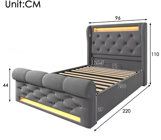 Modern Gestoffeerd Eenpersoonsbed 90x200 cm met LED, USB en Hydraulische Opbergruimte