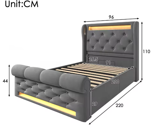 Modern Gestoffeerd Eenpersoonsbed 90x200 cm met LED, USB en Hydraulische Opbergruimte