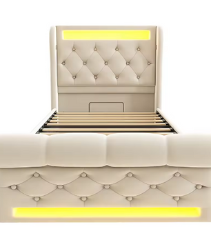 Modern Gestoffeerd Eenpersoonsbed 90x200 cm met LED, USB en Hydraulische Opbergruimte