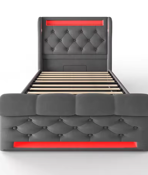 Modern Gestoffeerd Eenpersoonsbed 90x200 cm met LED, USB en Hydraulische Opbergruimte