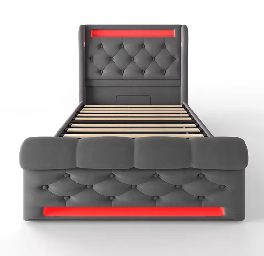 Modern Gestoffeerd Eenpersoonsbed 90x200 cm met LED, USB en Hydraulische Opbergruimte