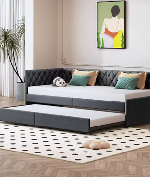 Gestoffeerd Dagbed 90x200 cm met Uittrekbaar Bed en Lattenbodem